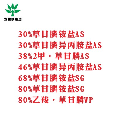 30%草甘膦銨鹽AS， 30%草甘膦異丙胺鹽AS， 38%2甲·草甘膦AS， 46%草甘膦異丙胺鹽AS， 68%草甘膦銨鹽SG，80%草甘膦銨鹽SG ，80%乙羧·草甘膦WP